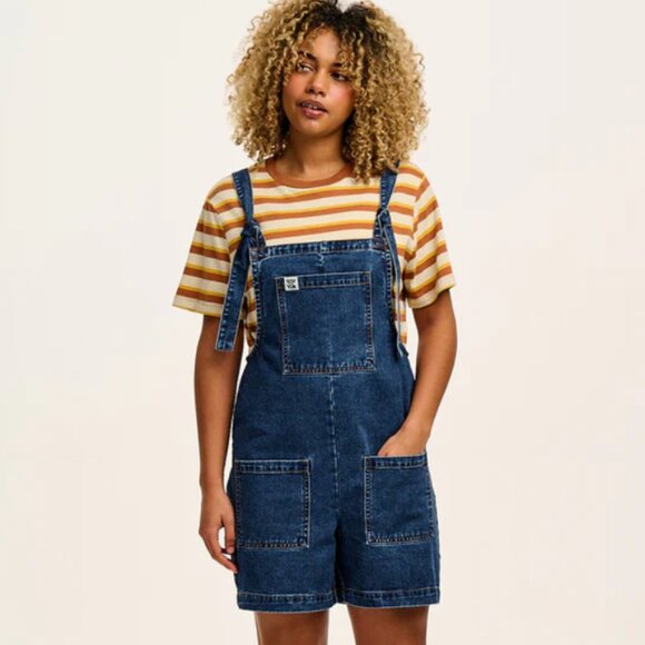 NWOT Lucy and Yak Denim Dungaree Shorts Organic Cotton in Mid Wash Blue